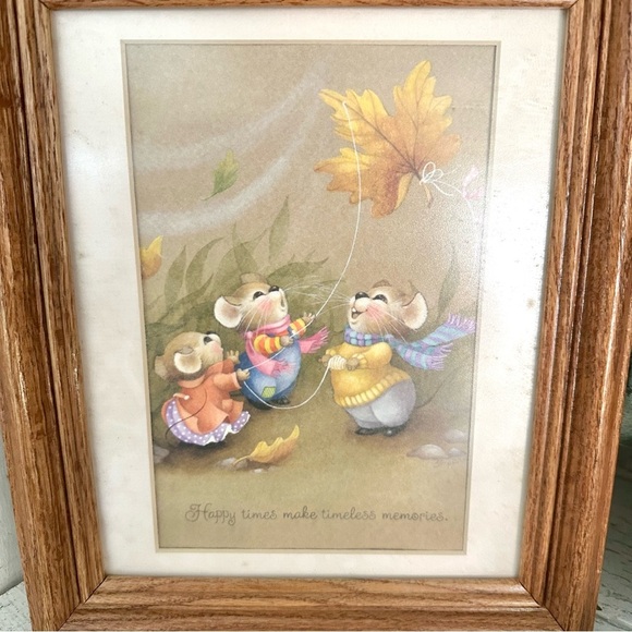 Vtg “Happy Times Make Timeless Memories” Cute Mouse Art Autumn Leaf Wood Framed - Picture 4 of 8